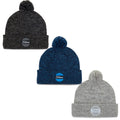 Three knit beanies are arranged in a triangular formation featuring a dark gray beanie with a pom-pom on top a navy blue beanie with a similar design and a light gray beanie also with a pom-pom. Each beanie has a circular logo on the front labeled Titleist.