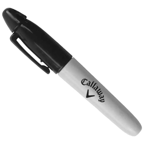 A black and white marker lies horizontally with a rounded tip pointing right displaying the logo Callaway on its white barrel, suggesting usage in writing or drawing.