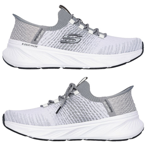 A gray and white athletic shoe stands upright with a textured upper and a cushioned sole showcasing the Skechers logo while laces secure the fit and provide support