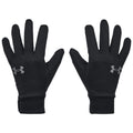 Black gloves with a fitted design are displayed with fingers extended to demonstrate their shape and style. The gloves feature a small, gray Under Armour logo on the wrist area.