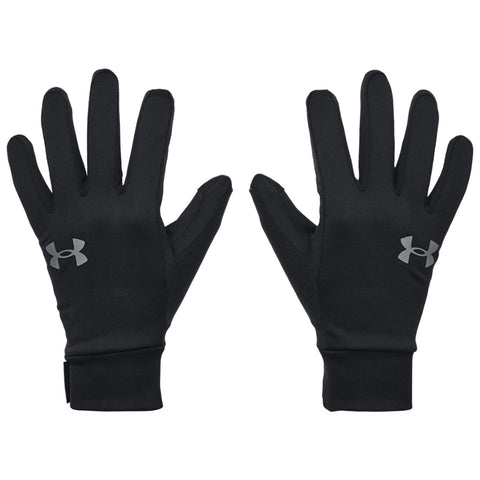 Black gloves with a fitted design are displayed with fingers extended to demonstrate their shape and style. The gloves feature a small, gray Under Armour logo on the wrist area.