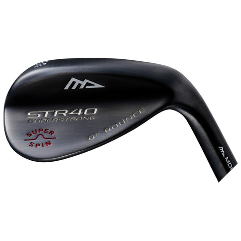 A golf wedge with a sleek, dark finish features the text STR40 SUPERSTRONG and B° BOUNCE. It is designed for precision shots, emphasizing super spin capabilities.