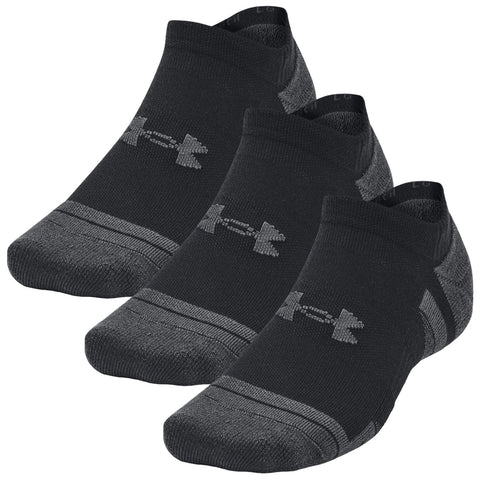 Three pairs of black athletic socks are neatly arranged in a row showcasing a design with gray accents and a logo they are designed for active use in sports or workouts