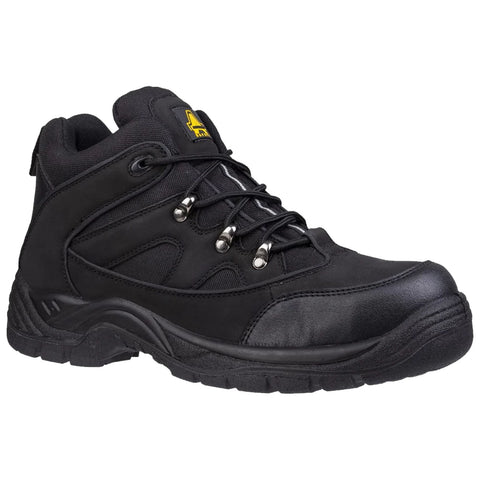 Black high-top work boot features reinforced leather and mesh material with metal eyelets and sturdy rubber sole. It is designed for durability and support in outdoor or work environments.