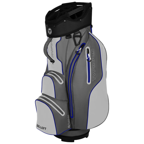 A golf bag stands upright featuring a gray and white design with blue accents several zippered pockets and a top compartment for clubs positioned against a neutral background