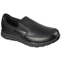 A black slip-on shoe features a smooth leather surface and elastic side panels for easy wear placed against a neutral background displaying no specific context or additional items