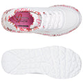 White athletic shoes feature a pink and red floral patterned sole and a breathable upper with perforated detailing. The insoles are labeled with Skechers branding and memory foam cushioning information.