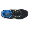 A black athletic shoe with a mesh upper displays bright blue and green accents while featuring a slip-on design and a flexible sole suitable for casual wear and comfort