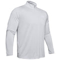 A light gray long-sleeve pullover shirt with a zippered collar displays a logo on the chest, designed for active wear, likely suitable for sports or casual outdoor activities.