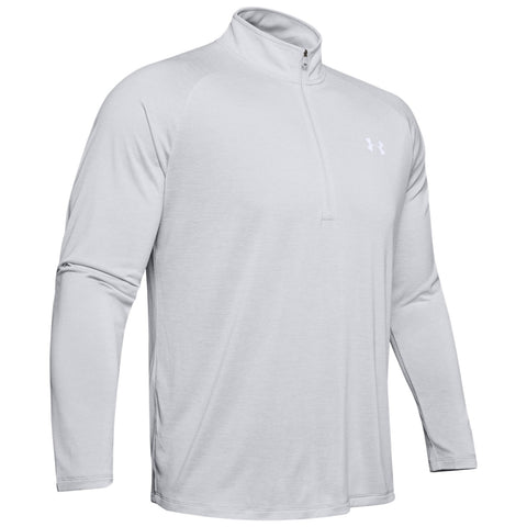 A light gray long-sleeve pullover shirt with a zippered collar displays a logo on the chest, designed for active wear, likely suitable for sports or casual outdoor activities.