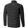 A black puffer jacket features a chevron design on the back and is displayed against a plain background emphasizing its sleek, insulated style suitable for cold weather.