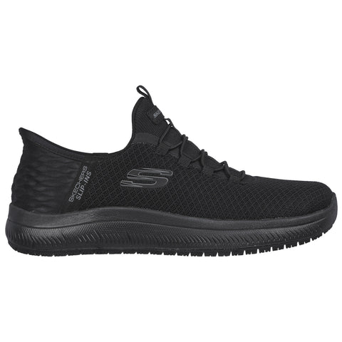 A black athletic shoe sits horizontally displaying a sleek design with a textured fabric upper and rubber sole indicating a focus on comfort and performance in an urban environment.