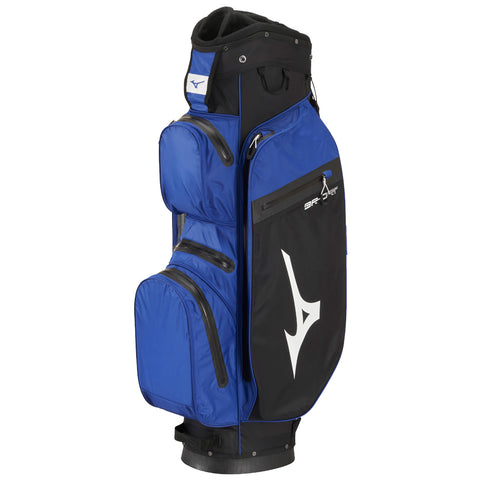 A golf bag in blue and black stands upright displaying multiple compartments and pockets designed for storing golf equipment while featuring a prominent design logo on the side.