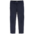 Navy cargo pants with a zip-off feature are displayed hanging straight down revealing multiple pockets for storage in a neutral background suitable for various casual outdoor activities