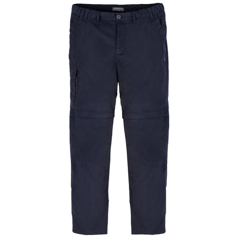 Navy cargo pants with a zip-off feature are displayed hanging straight down revealing multiple pockets for storage in a neutral background suitable for various casual outdoor activities