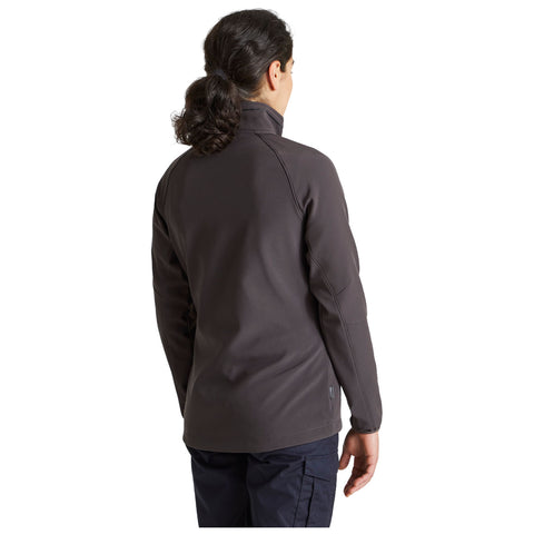 A person wearing a dark gray long-sleeved jacket faces away, showcasing the jacket's high collar and fitted design in a plain white background. The individual has tied-back hair.