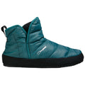 A teal puffy boot is positioned sideways displaying a quilted upper with a black sole and a small loop at the back for easy wear designed for comfort in cold environments.