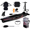 A black kayak with a red stripe sits among various accessories including two seats paddles a pump a fin and a storage bag arranged on a white background.