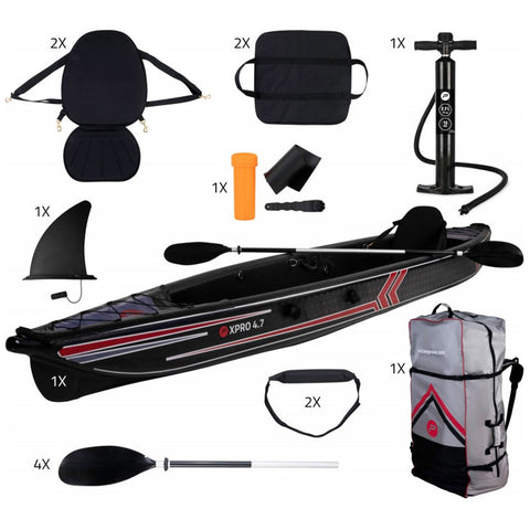 A black kayak with a red stripe sits among various accessories including two seats paddles a pump a fin and a storage bag arranged on a white background.