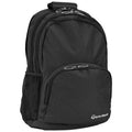 TaylorMade Performance Backpack N8947501 A black backpack with multiple zippered compartments stands upright showcasing a smooth fabric texture and a side mesh pocket indicating functionality for carrying personal items or sports gear.