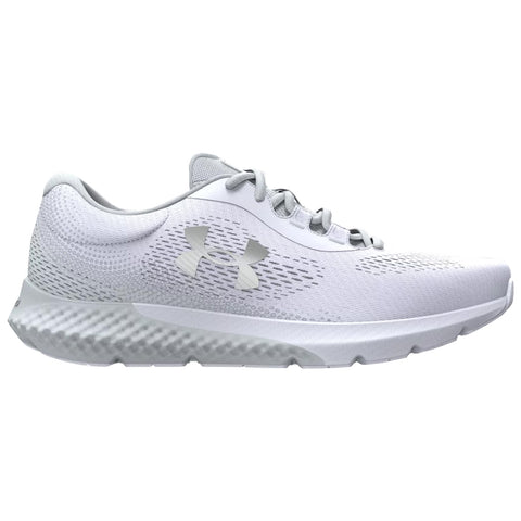 A white athletic shoe is displayed with a textured upper and a cushioned sole highlighting its lightweight design ideal for running or training in a sports environment.