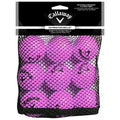 A mesh bag contains nine pink soft-flite golf practice balls labeled with the Callaway brand the balls are designed for practice simulations of true ball flight