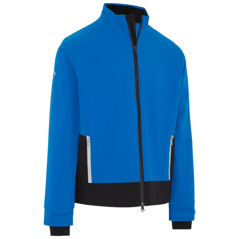 A blue windbreaker jacket is displayed with a high collar and a front zipper Closing features include two side pockets with zippers along the lower section and black accents at the bottom.