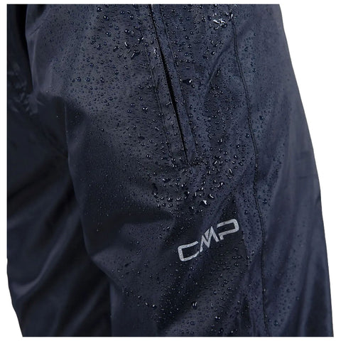 A pair of waterproof pants covered in droplets of water with a logo on the side displaying the letters CMP in a context suggesting wet weather or outdoor activity.