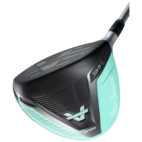 A golf driver with a sleek black and mint green design rests at an angle showcasing its broad face and markings including the brand MacGregor and a loft of 13.5 degrees.