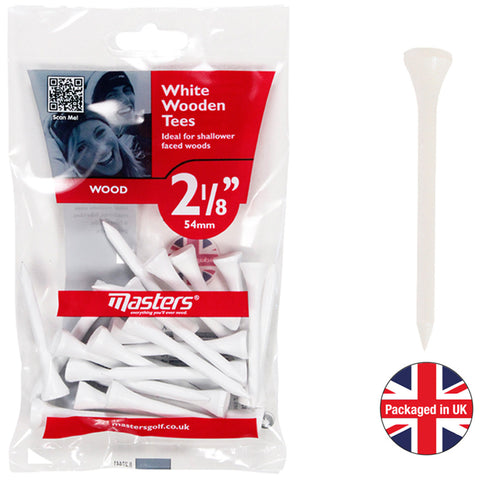 A pack of white wooden golf tees is displayed featuring multiple tees inside a clear plastic packaging with red and blue branding indicating size and product information including a QR code and the text White Wooden Tees Extra length for oversize drivers