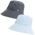 Two bucket hats are displayed side by side. One is dark gray while the other is light blue. Both have curved brims and a textured surface, suitable for outdoor use.