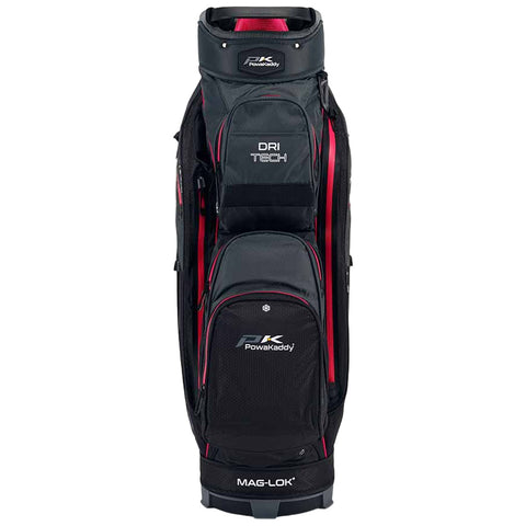 A black and red golf bag stands upright displaying multiple compartments for clubs and accessories featuring branding labels DRI TECH and MAG-LOK on its exterior.