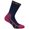 A large, navy blue sock with ribbed texture features pink and orange accents near the toe and ankle designed for comfort and durability in active wear scenarios