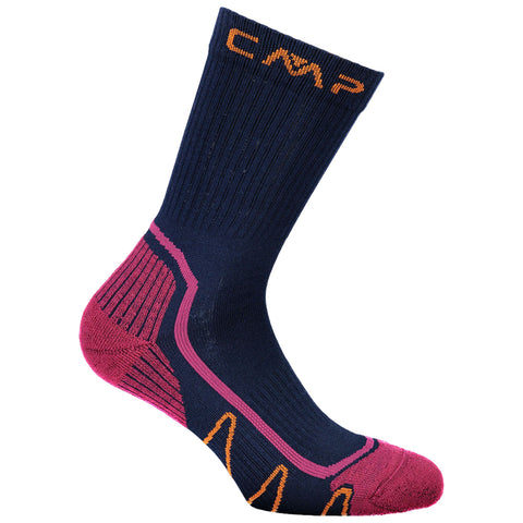 A large, navy blue sock with ribbed texture features pink and orange accents near the toe and ankle designed for comfort and durability in active wear scenarios