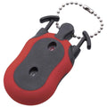 A red and black keychain tool shaped like a ladybug is displayed. It features two small protruding handles and has openings for visibility, suggesting a functional purpose in a compact design.