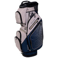 A golf bag stands upright with multiple zippered pockets for storage showcasing a sleek design in shades of gray and navy blue placed against a plain white background.