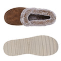 A brown slipper with a soft faux fur collar is displayed from above alongside its textured beige sole which has the brand name Skechers embossed on it.