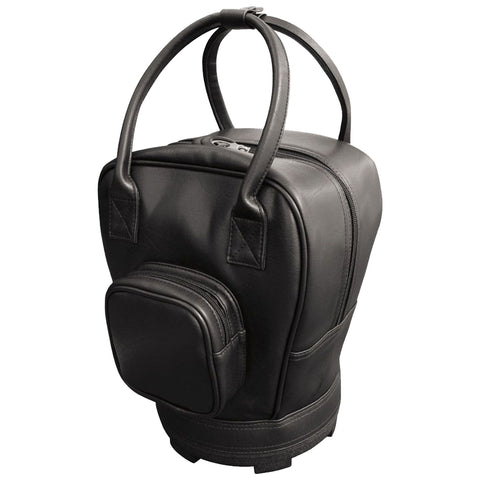 A black leather backpack stands upright with two handles at the top and a small front pocket. It is designed for travel or daily use.