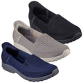 Three pairs of slip-on shoes in black gray and navy showcase a lightweight breathable design with textured fabric and cushioned soles against a plain background.