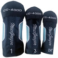 Three golf club headcovers are displayed in a row featuring a black fabric with blue accents The headcovers are labeled with numbers 1 3 and 24° and include the brand name MacGregor