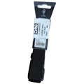 A black fabric belt is displayed upright with a tag attached. The tag includes details like Kiwi Belt Black ML and a barcode. The background is plain and neutral.