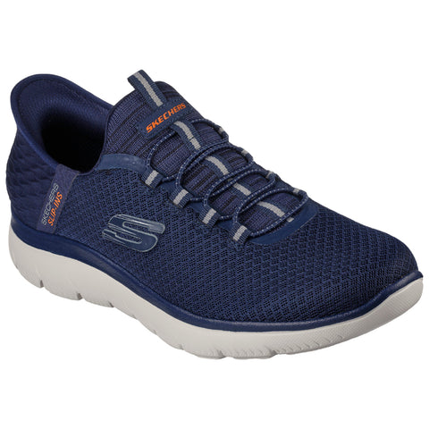 A navy blue athletic shoe features a breathable mesh upper with elastic laces and a cushioned sole designed for comfort and ease of use in casual or active settings.