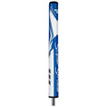 A blue and white golf putter grip stands vertically featuring the branding "SuperStroke" prominently. The grip has a textured surface designed for better handling during putting in a golfing context.