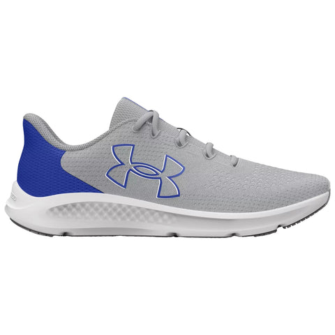 A gray athletic shoe with a blue accent shows a sleek design and textured surface sitting against a neutral background highlighting its modern appearance and sport-oriented style.