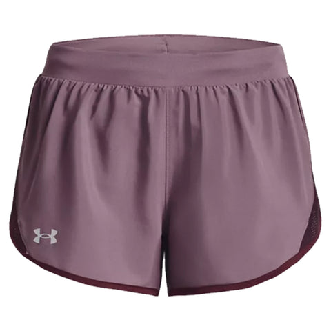 Shorts in a soft mauve color feature an elastic waistband and a loose fit with side mesh accents for breathability designed for athletic activities or casual wear.