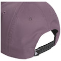 A purple cap is displayed with its back facing upward featuring a textured fabric and an adjustable strap beneath showcasing a triangular logo and multiple adjustment holes in a neutral background.