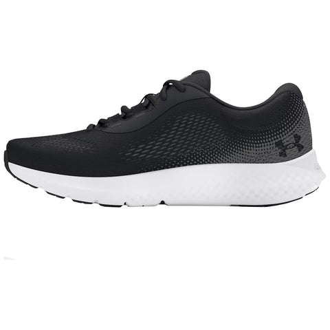 A black running shoe rests on a flat surface designed for athletic use featuring a textured upper and a white cushioned sole ideal for comfort during exercise.