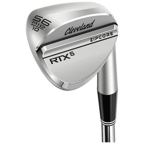 A golf wedge with a shiny silver finish is positioned at a slight angle showcasing its distinctive shape brand name Cleveland and model RTX 6 are visible on the clubface