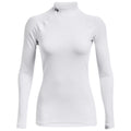 A white long-sleeve athletic top with a high collar is displayed front facing featuring a logo on the neckline designed for activewear and suitable for sports or outdoor activities.