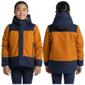 A child is smiling while wearing a two-toned orange and navy winter jacket with a hood in a neutral background showing the front and back of the jacket.